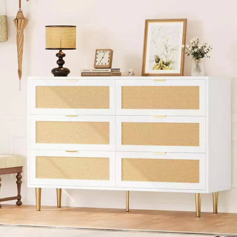 Commode 6 tiroirs en rotin - Commode de rangement moderne avec accents dorés pour chambre et salon