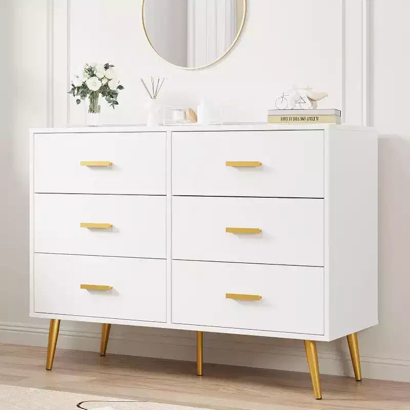 Commode moderne à 6 tiroirs avec espace de rangement, commode en bois avec poignées dorées, commode avec tiroirs profonds pour chambre à coucher, salon, bureau
