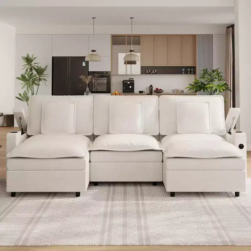 Canapé modulable de 274 cm, canapé d'angle en U surdimensionné, canapé moderne en chenille avec assise extra profonde, canapé convertible 6 places, beige