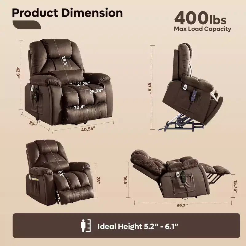 Fauteuil inclinable motorisé Bestier 40.1 W en microsuède surdimensionné avec double moteur, massage et chauffage
