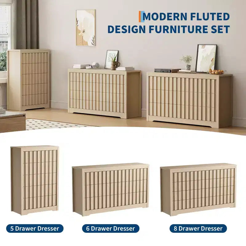 COZONY Commode Moderne Flutée à 6 Tiroirs Meuble TV en Bois sans Poignées et Organisateur de Rangement Profond pour Chambre, Salon et Couloir, Chêne Naturel
