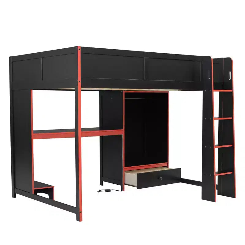 Lit mezzanine moderne en bois GDFStudio Opal avec bureau intégré, armoire, LED et 1 tiroir