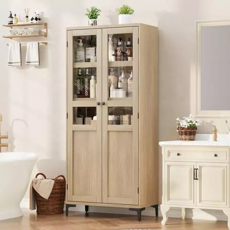 GustoWave 63 Inch Tall Storage Cabinet with Glass Doors, Kitchen Pantry 5 Tier Bathroom Cabinet Adjustable Shelves for Kitchen, Dining Room, Bathroom