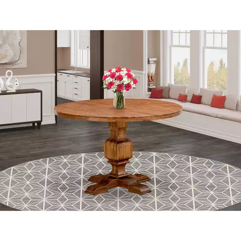 HomeStock Round Dining Table Pedestal Sandblasting Walnut Finish 48 Inch