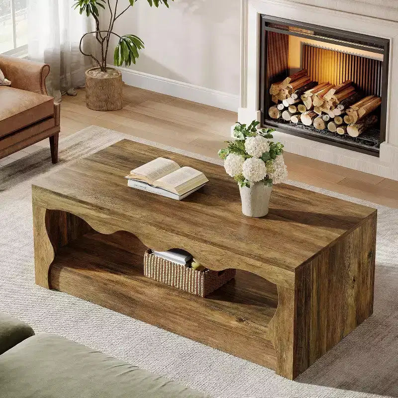 Lantine - Table basse en bois de 47,24 pouces, table d'appoint rectangulaire à 2 niveaux avec étagère de rangement ouverte pour salon
