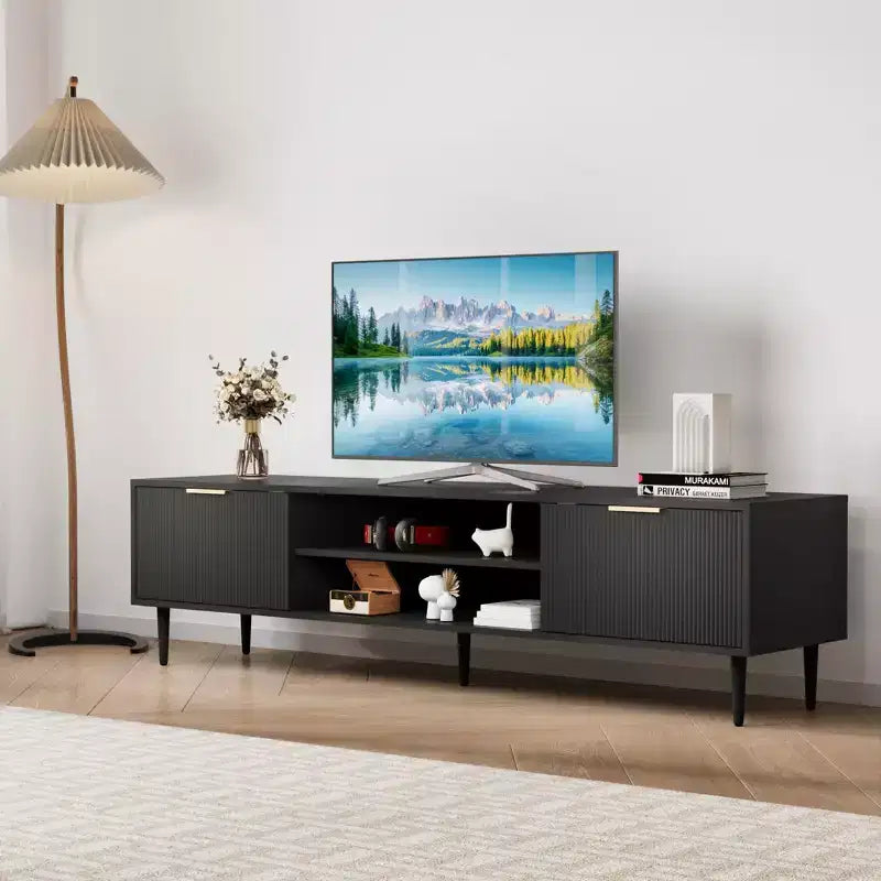 Meuble TV noir, Meuble de divertissement moderne du milieu du siècle avec 2 grands placards de rangement, Table console multimédia, Charnière souple, Porte à poignée métallique