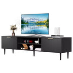 Meuble TV noir, Meuble de divertissement moderne du milieu du siècle avec 2 grands placards de rangement, Table console multimédia, Charnière souple, Porte à poignée métallique