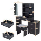 Table de toilette avec miroir et ampoules LED à trois couleurs dimmables, armoire de rangement coulissante, 5 tiroirs et 2 étagères, en panneaux de particules de lin noir avec triclosan
