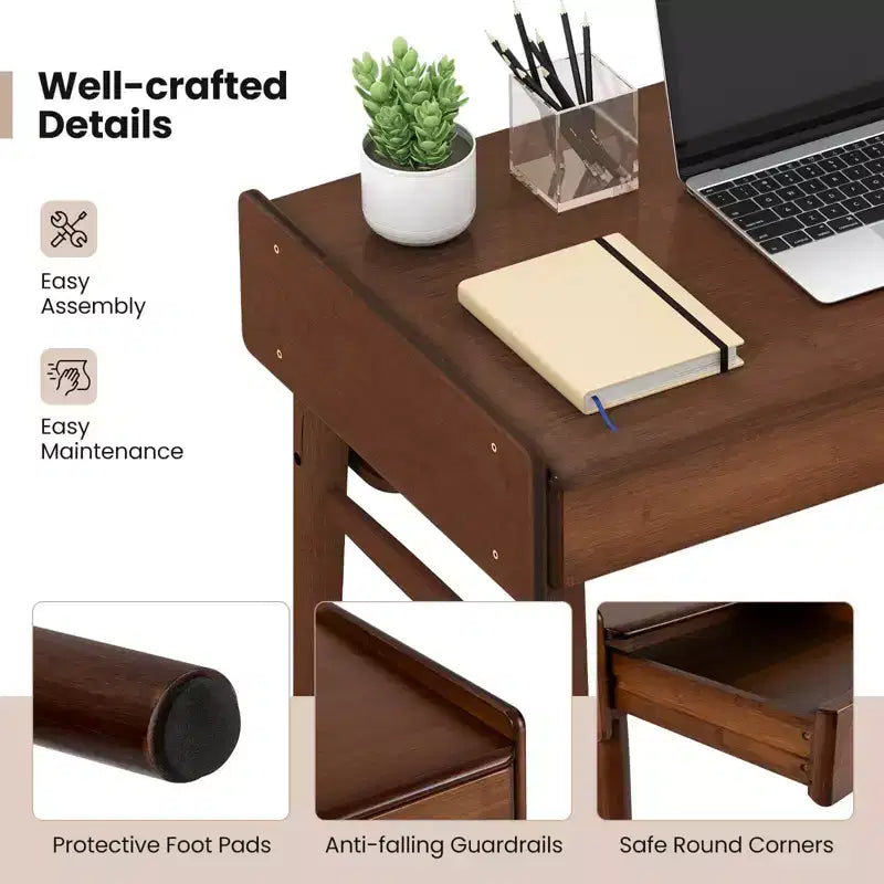 Costway Bureau en Bambou 39.5 Table d'Étude Informatique avec 2 Tiroirs de Rangement et Étagère Ouverte