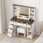 Coiffeuse et tabouret GustoWave, coiffeuse avec lumières, coiffeuse blanche avec station de recharge, 6 tiroirs et placards