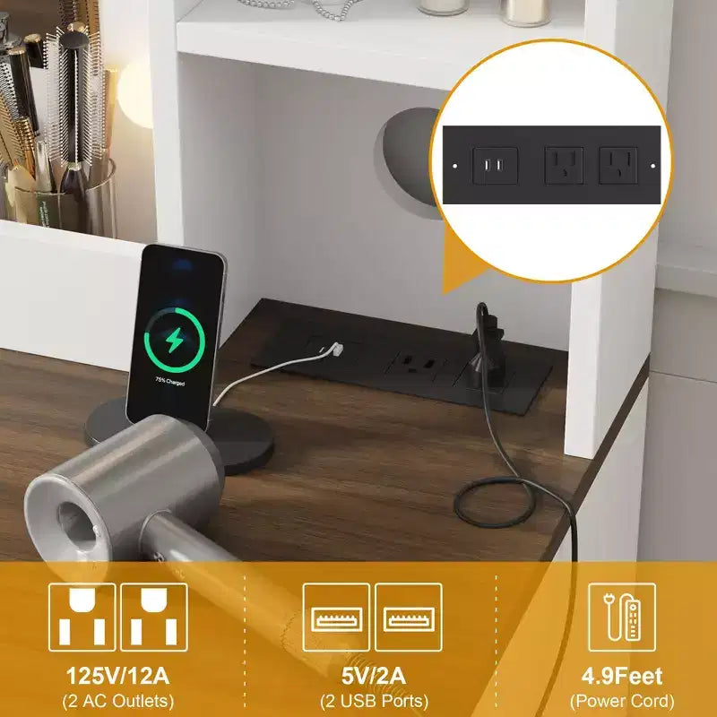 Coiffeuse et tabouret GustoWave, coiffeuse avec lumières, coiffeuse blanche avec station de recharge, 6 tiroirs et placards