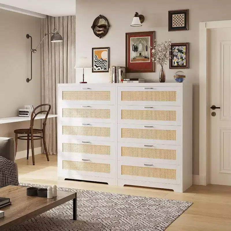 Commode 5 tiroirs en rotin 47 po - Grande commode de rangement pour chambre à coucher et salon