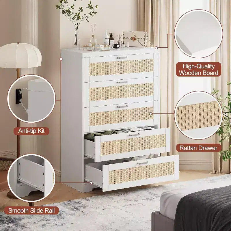 Commode 5 tiroirs en rotin 47 po - Grande commode de rangement pour chambre à coucher et salon