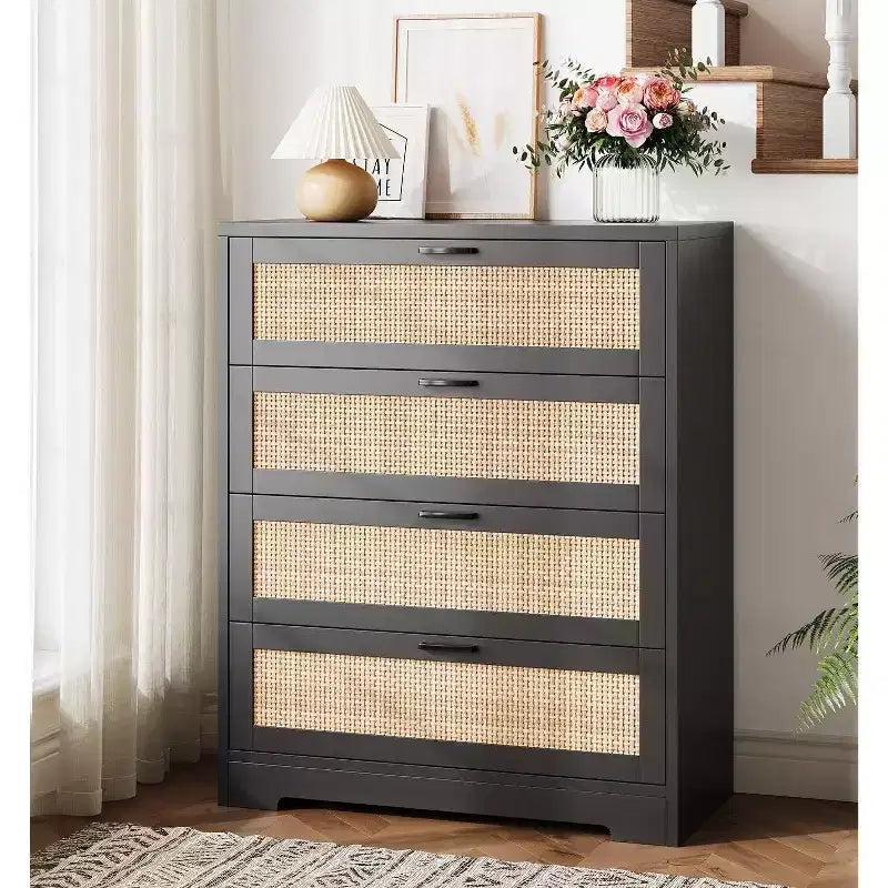 Commode 5 tiroirs en rotin 47 po - Grande commode de rangement pour chambre à coucher et salon