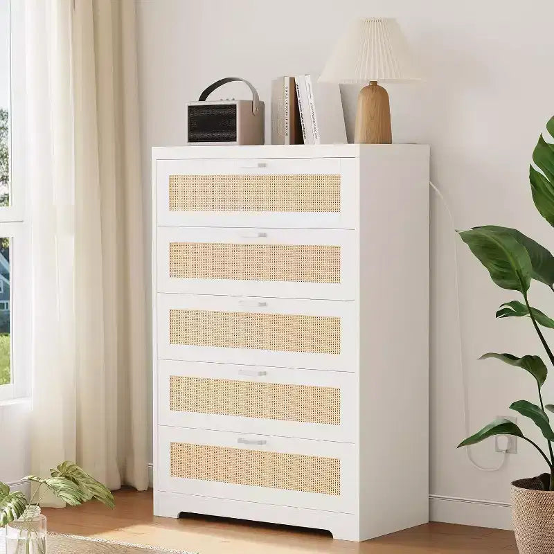 Commode 5 tiroirs en rotin 47 po - Grande commode de rangement pour chambre à coucher et salon