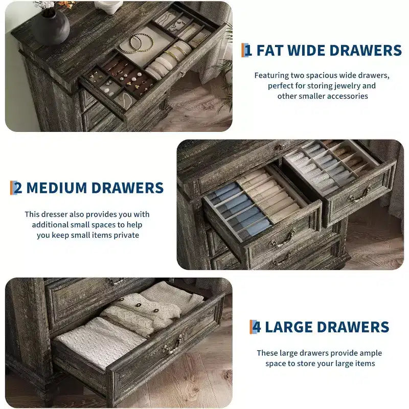 Commode 7 tiroirs style ferme rustique - Rangement à bijoux pour chambre et salon