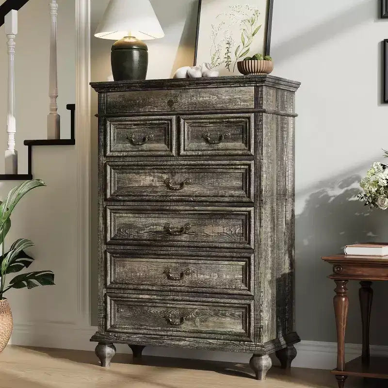 Commode 7 tiroirs style ferme rustique - Rangement à bijoux pour chambre et salon
