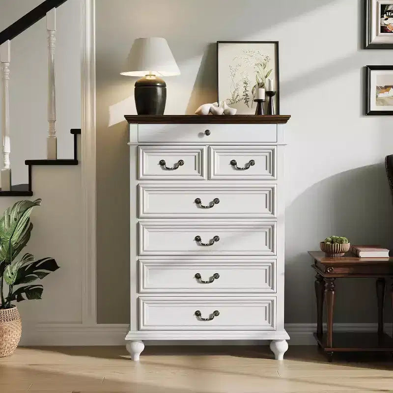 Commode 7 tiroirs style ferme rustique - Rangement à bijoux pour chambre et salon