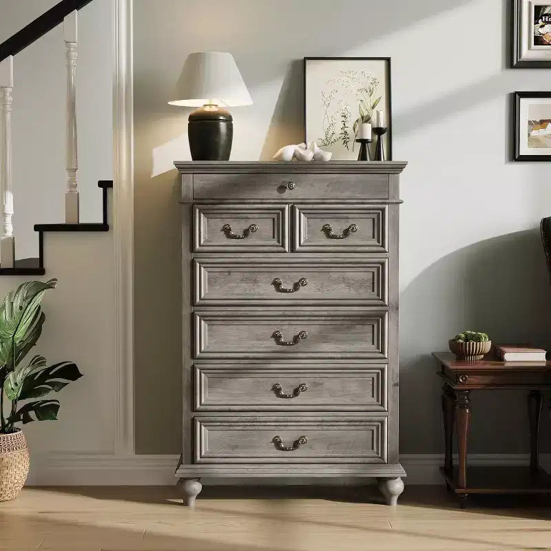 Commode 7 tiroirs style ferme rustique - Rangement à bijoux pour chambre et salon