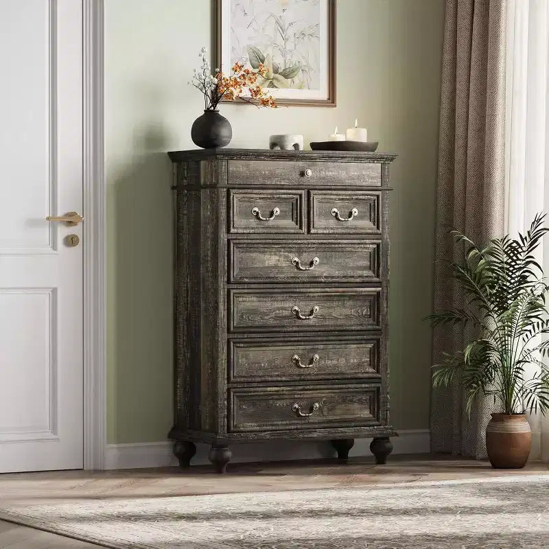 Commode 7 tiroirs style ferme rustique - Rangement à bijoux pour chambre et salon