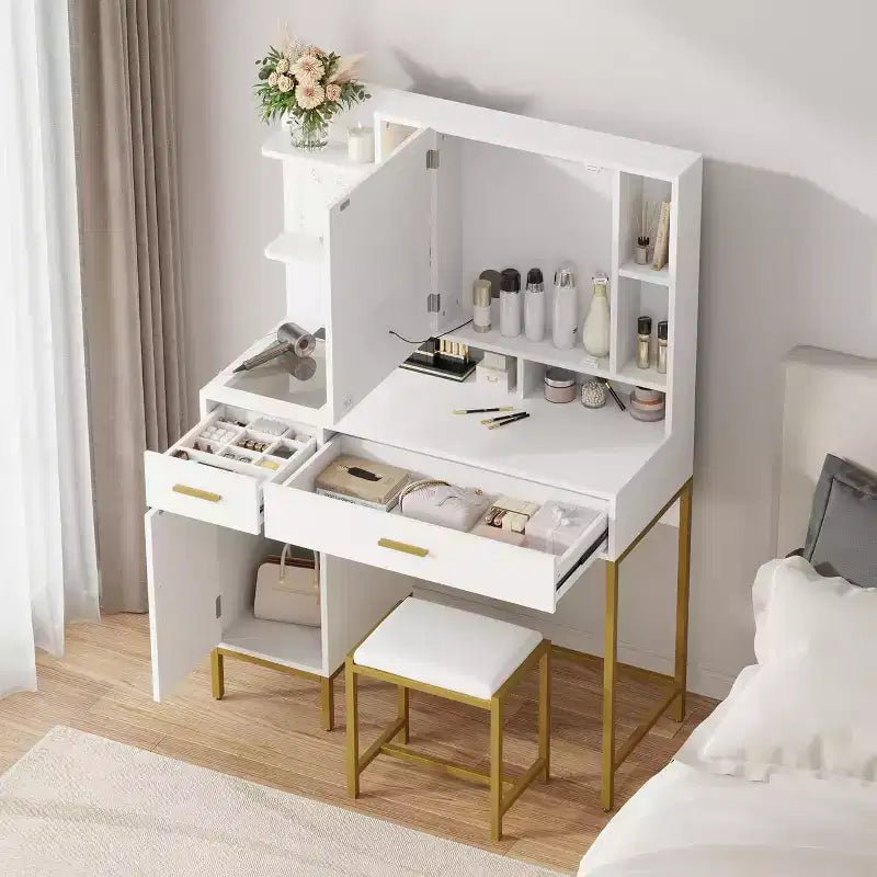 Coiffeuse de chambre avec lampe et prise de courant, coiffeuse en bois avec 2 tiroirs, 9 étagères ouvertes, 2 armoires, coussin et tabouret