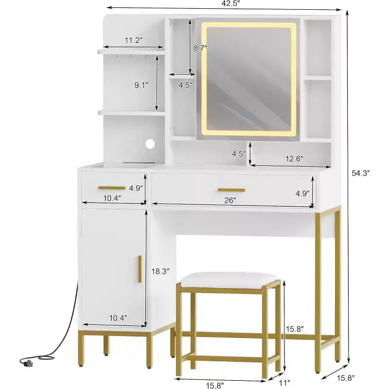 Coiffeuse de chambre avec lampe et prise de courant, coiffeuse en bois avec 2 tiroirs, 9 étagères ouvertes, 2 armoires, coussin et tabouret