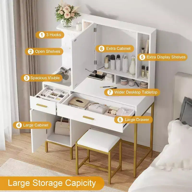 Coiffeuse de chambre avec lampe et prise de courant, coiffeuse en bois avec 2 tiroirs, 9 étagères ouvertes, 2 armoires, coussin et tabouret