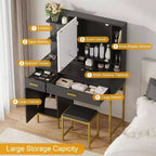 Coiffeuse de chambre avec lampe et prise de courant, coiffeuse en bois avec 2 tiroirs, 9 étagères ouvertes, 2 armoires, coussin et tabouret