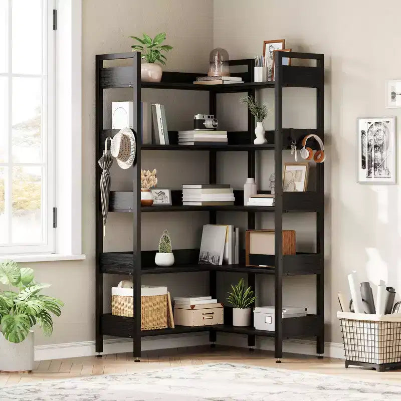 Étagère d'angle convertible à 5 niveaux, Bibliothèque industrielle en forme de L avec rangement pour la maison, le bureau et le salon