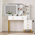 GustoWave Vanity Desk with Mirror, Makeup Vanity Desk Charging Station,LED Light with 3 Lighting Modes, 5 Large Drawers and 3 Tiers of Open Shelves