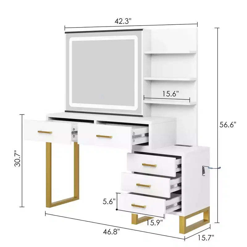 Coiffeuse GustoWave avec miroir, station de charge, lumières LED à 3 modes d'éclairage, 5 grands tiroirs et 3 niveaux d'étagères ouvertes