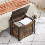 TROPOW Coffre avec couvercle, Coffre de rangement en bois, Banc de rangement avec charnières de sécurité, Cadre en métal, Banc à chaussures, Rangement, Marron