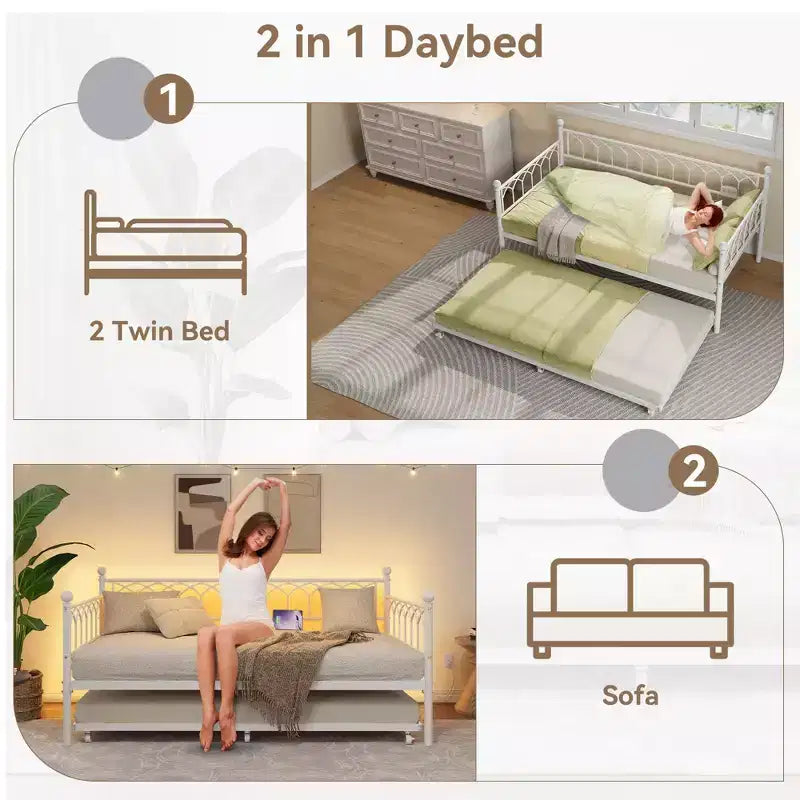 Lit de repos double avec lit gigogne, avec station de recharge et lumières LED, cadre de lit de jour en métal avec lit gigogne coulissant pour salon, chambre à coucher, chambre d'amis, appartement