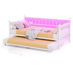 Lit de repos double avec lit gigogne, avec station de recharge et lumières LED, cadre de lit de jour en métal avec lit gigogne coulissant pour salon, chambre à coucher, chambre d'amis, appartement