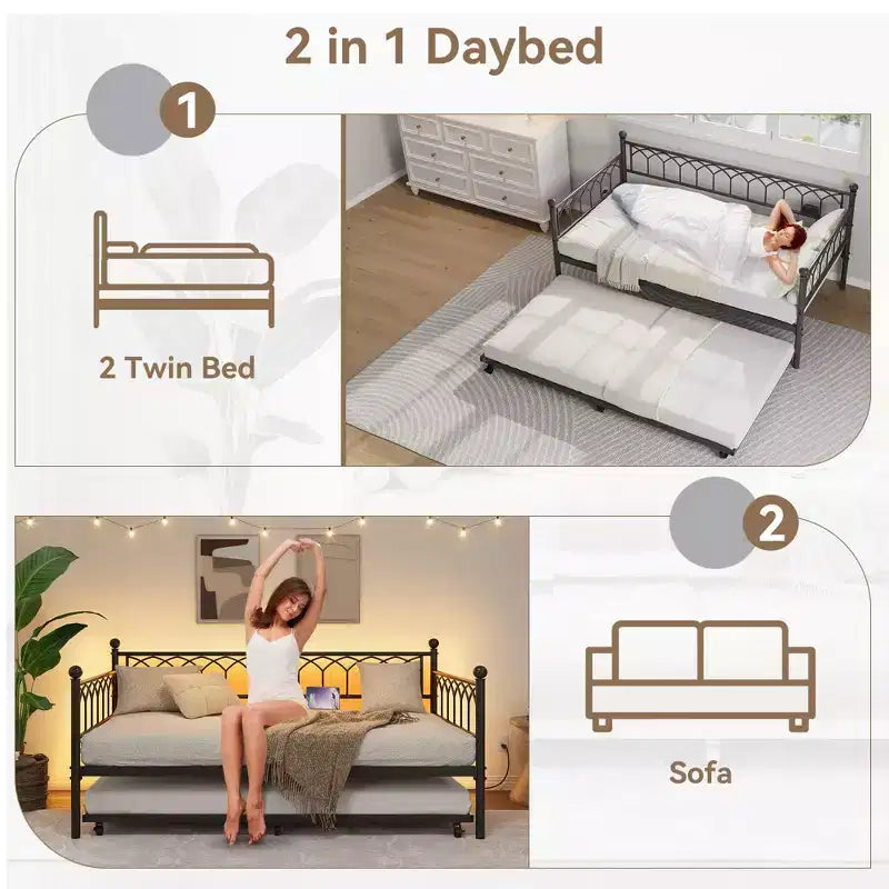 Lit de repos double avec lit gigogne, avec station de recharge et lumières LED, cadre de lit de jour en métal avec lit gigogne coulissant pour salon, chambre à coucher, chambre d'amis, appartement