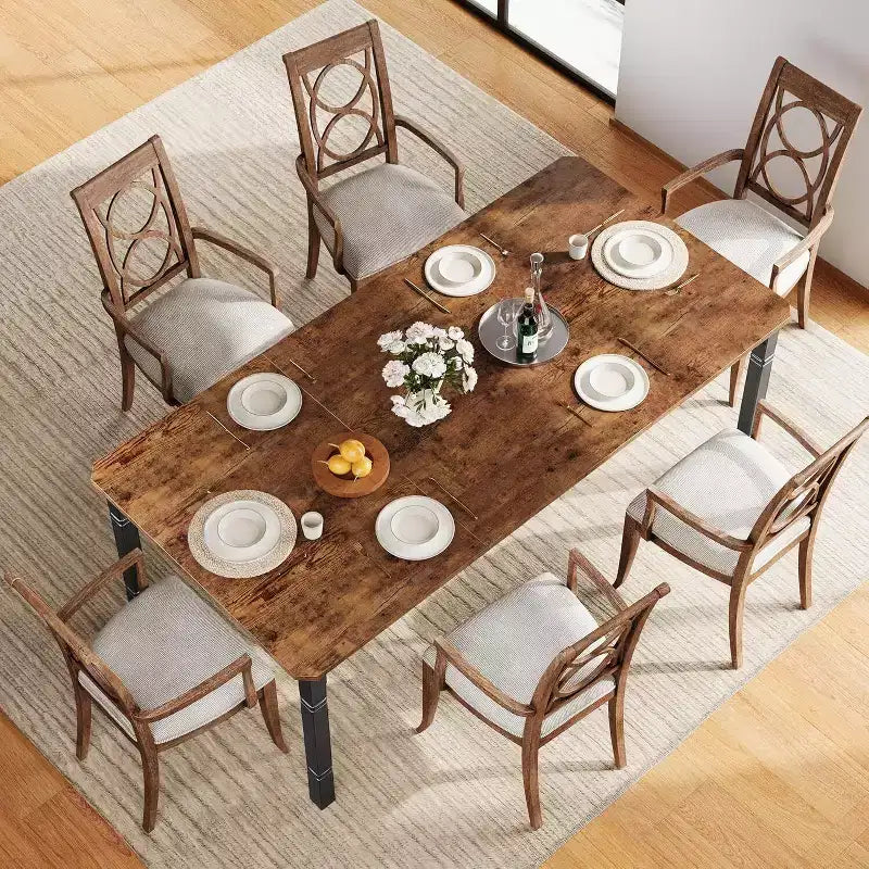 Grande table à manger industrielle de 198 cm pour 6 personnes avec pieds en métal robustes et coins chanfreinés pour salle à manger, cuisine et salon
