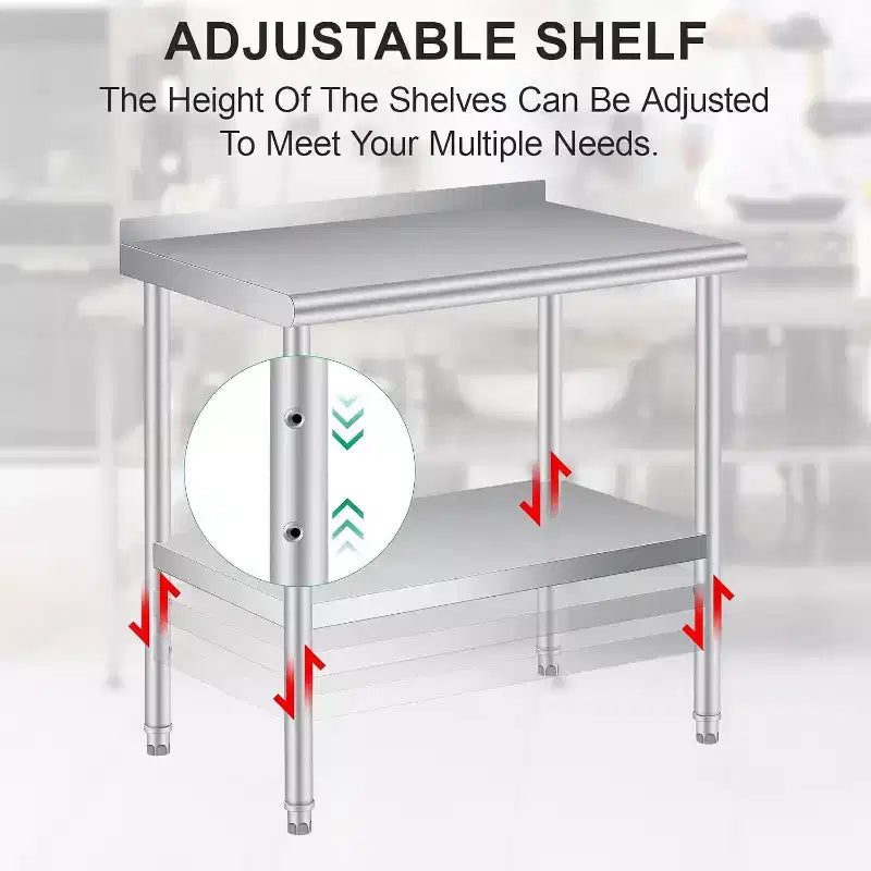 Table de préparation Acekool 36 x 24 en acier inoxydable avec crédence, étagère inférieure réglable et 4 roulettes, table de travail de qualité commerciale