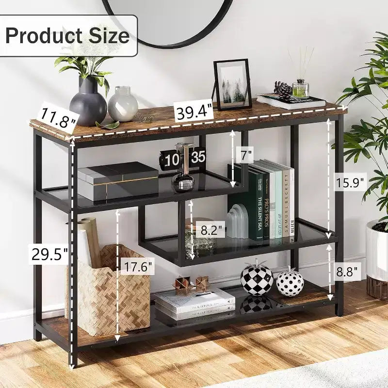 Console industrielle à 4 niveaux avec étagères en verre, table de canapé étroite de 100 cm pour entrée, salon, chambre, table d'appoint de couloir à cadre métallique
