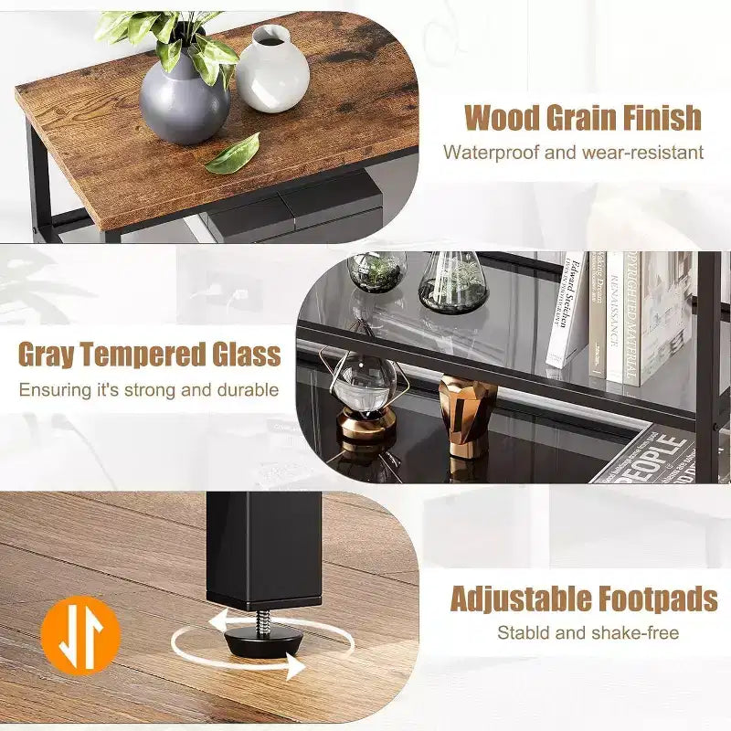 Console industrielle à 4 niveaux avec étagères en verre, table de canapé étroite de 100 cm pour entrée, salon, chambre, table d'appoint de couloir à cadre métallique
