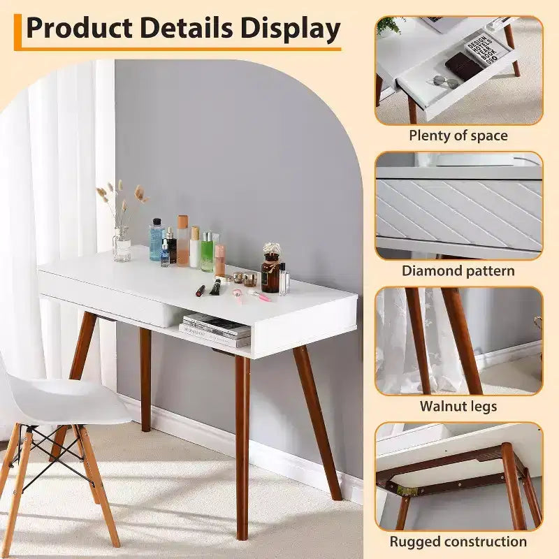 Acekool 42 Bureau d'ordinateur moderne du milieu du siècle avec tiroir et casier de rangement ouvert, bureau à domicile pour le jeu, les études, l'écriture, blanc