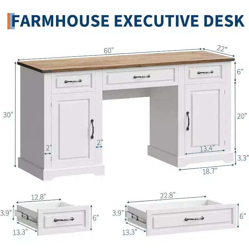 Acekool Bureau de Direction de Ferme 60 avec Tiroirs et Meubles de Rangement, Bureau d'Ordinateur Rustique pour Bureau à Domicile et Étude, Blanc Antique