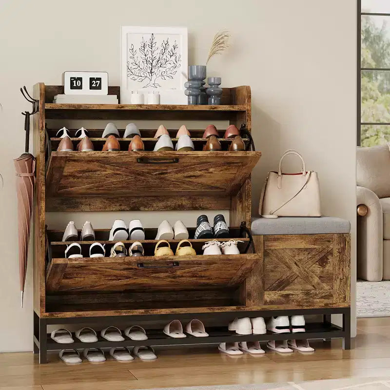 Shoe Cabinet with Bench, Farmhouse Narrow Slim Shoe Storage Cabinet 2 Flip Drawers for Entryway, Living Room, Hallway