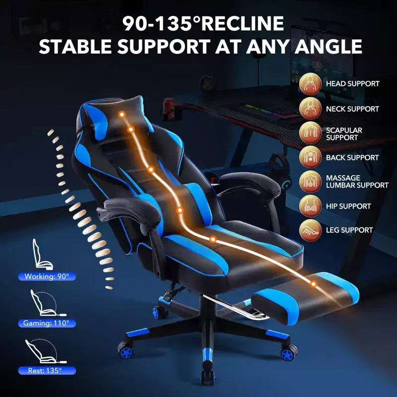 Chaise de bureau grande taille, Chaise de jeu en cuir à dossier haut avec repose-pieds, Chaise d'ordinateur ergonomique avec support lombaire et appui-tête, Base pivotante à 360°