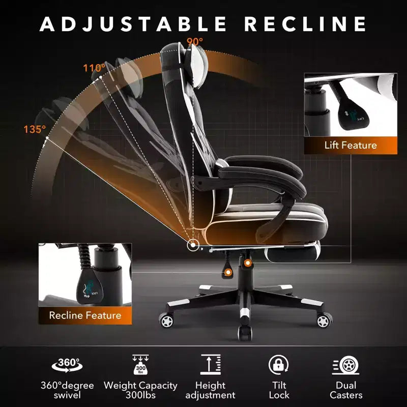 Chaise de bureau grande taille, Chaise de jeu en cuir à dossier haut avec repose-pieds, Chaise d'ordinateur ergonomique avec support lombaire et appui-tête, Base pivotante à 360°
