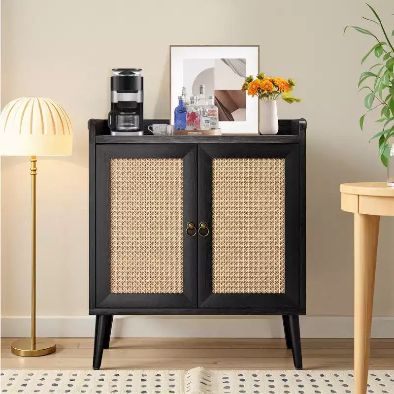 MAYEERTY 59x15x31 Pouces Buffet/Bar à Liqueur Noir en Rotin Pour Salle à Manger ou Couloir
