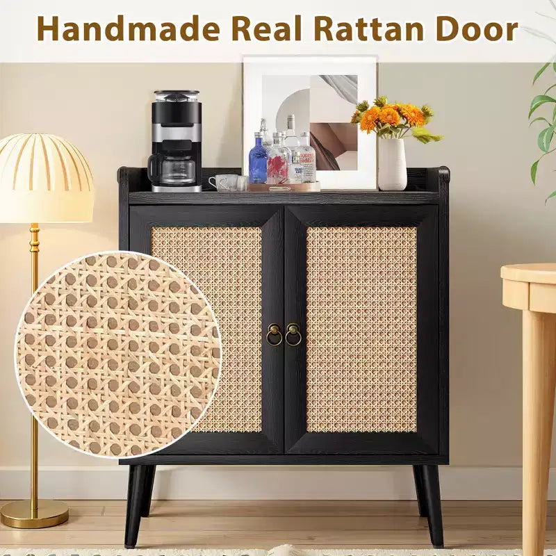 MAYEERTY 59x15x31 Pouces Buffet/Bar à Liqueur Noir en Rotin Pour Salle à Manger ou Couloir