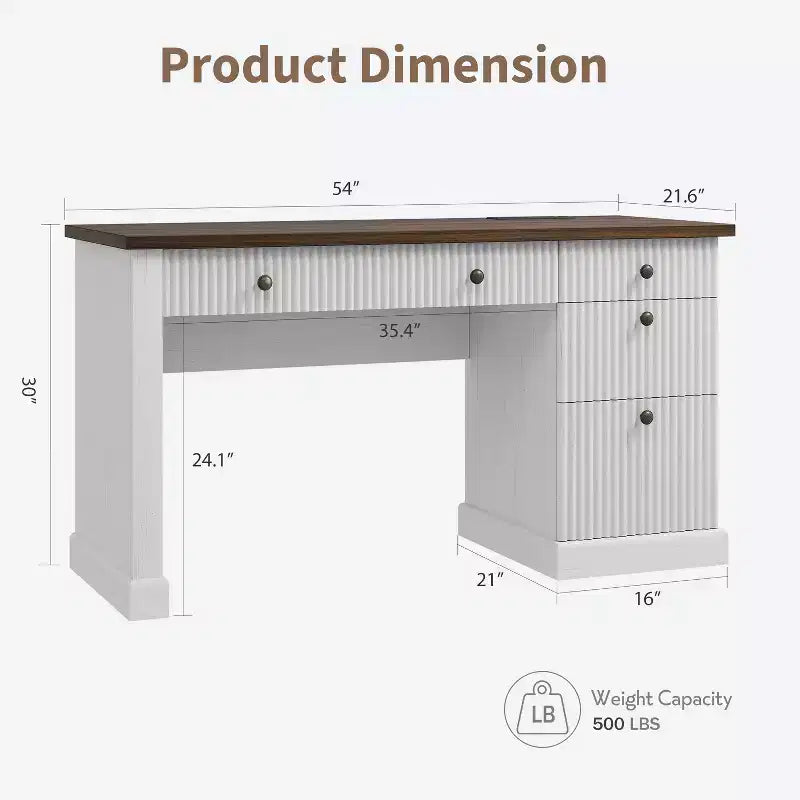 Garvee Fluted Home Office Desk Storage, Bureau de direction moderne 54 pouces avec station de charge, Bureau d'ordinateur en bois avec tiroirs classeurs pour l'étude