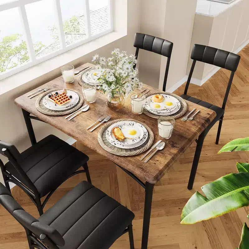 Table et chaises de cuisine, ensemble de table de salle à manger pour 4 avec chaises rembourrées, ensemble de table de cuisine en métal et bois, table à manger rectangulaire