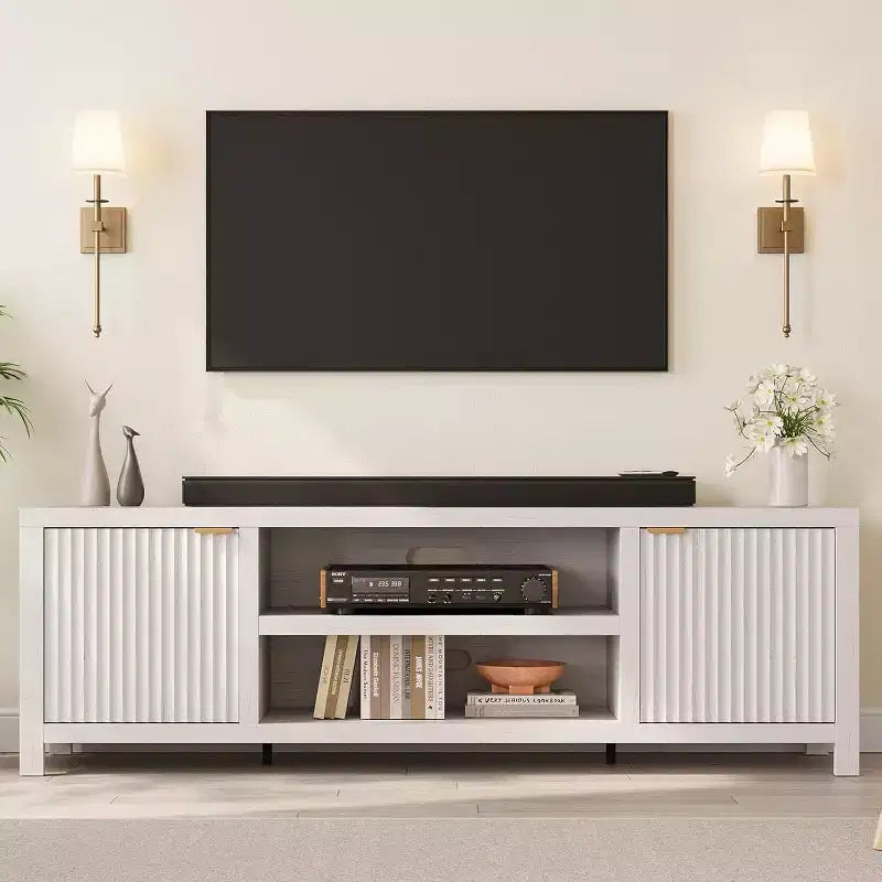 Meuble TV Acekool 70 moderne cannelé pour téléviseurs jusqu'à 80 pouces, console multimédia avec armoires de rangement, étagères réglables, centre de divertissement