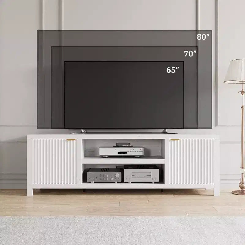 Meuble TV Acekool 70 moderne cannelé pour téléviseurs jusqu'à 80 pouces, console multimédia avec armoires de rangement, étagères réglables, centre de divertissement